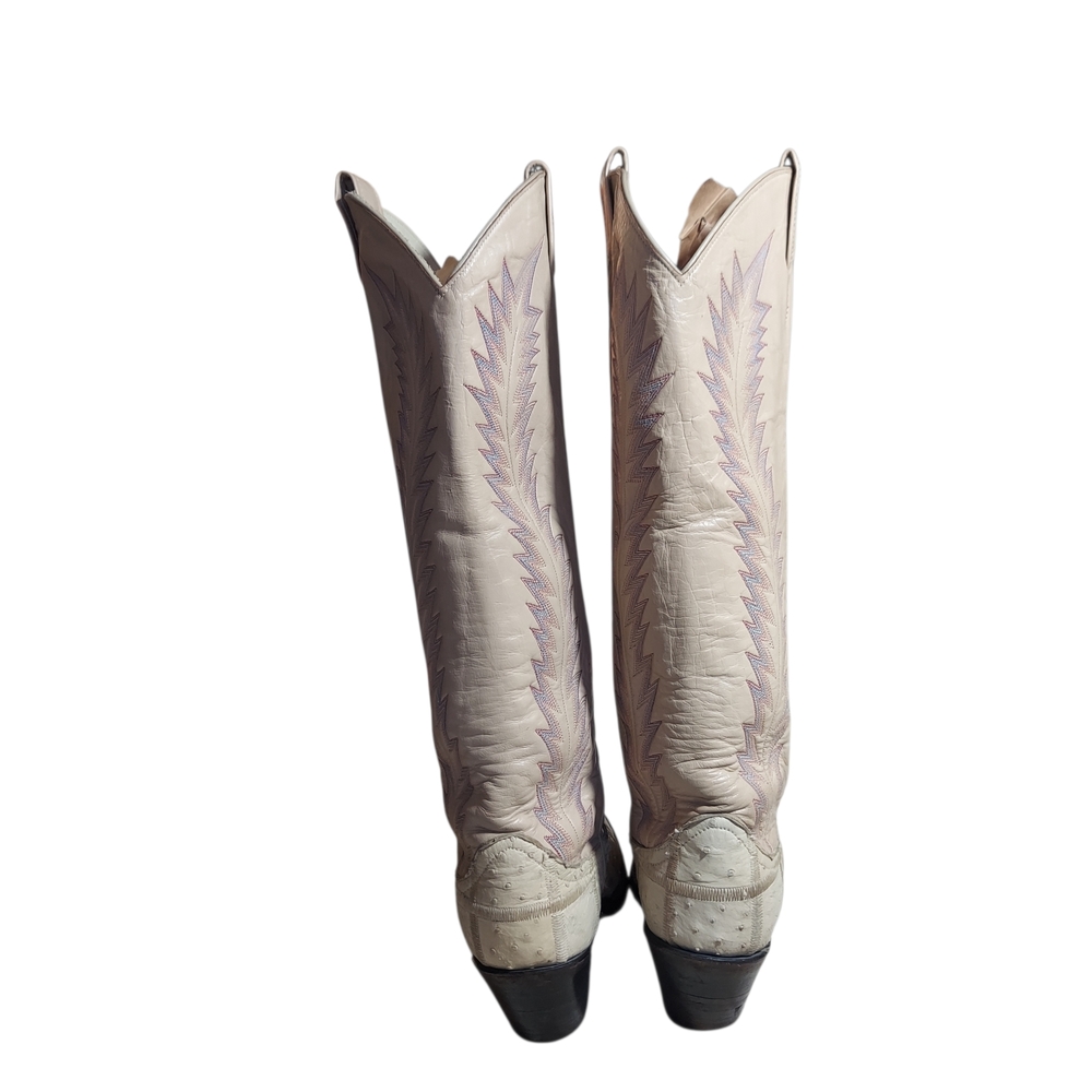 Vintage Larry Mahan Ivory Western Cowboy Boots Ostrich Print Tall USA - Picture 7 of 16